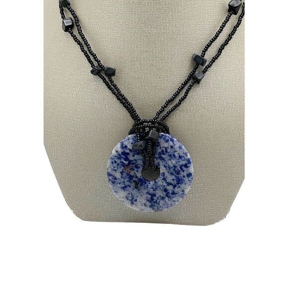 Sodalite Necklace Blue White Natural Stone Donut Pendant Black Beaded Chain - Picture 10 of 10